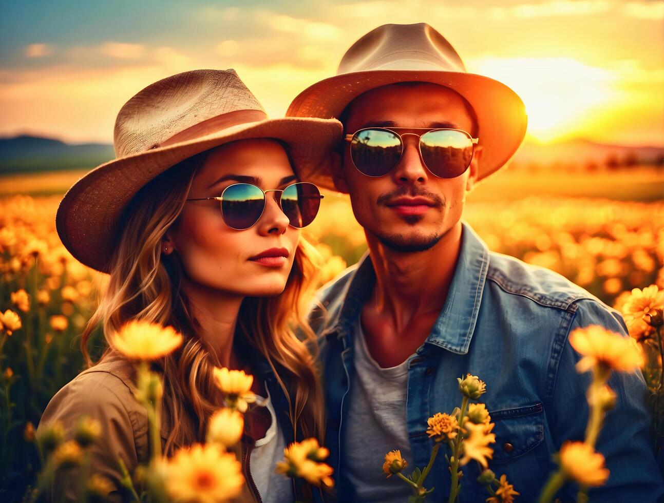 ai genererad selfie porträtt av ung par i kärlek leende på solnedgång bär solglasögon och sugrör hatt, livsstil och äventyr begrepp, människor och roman foto