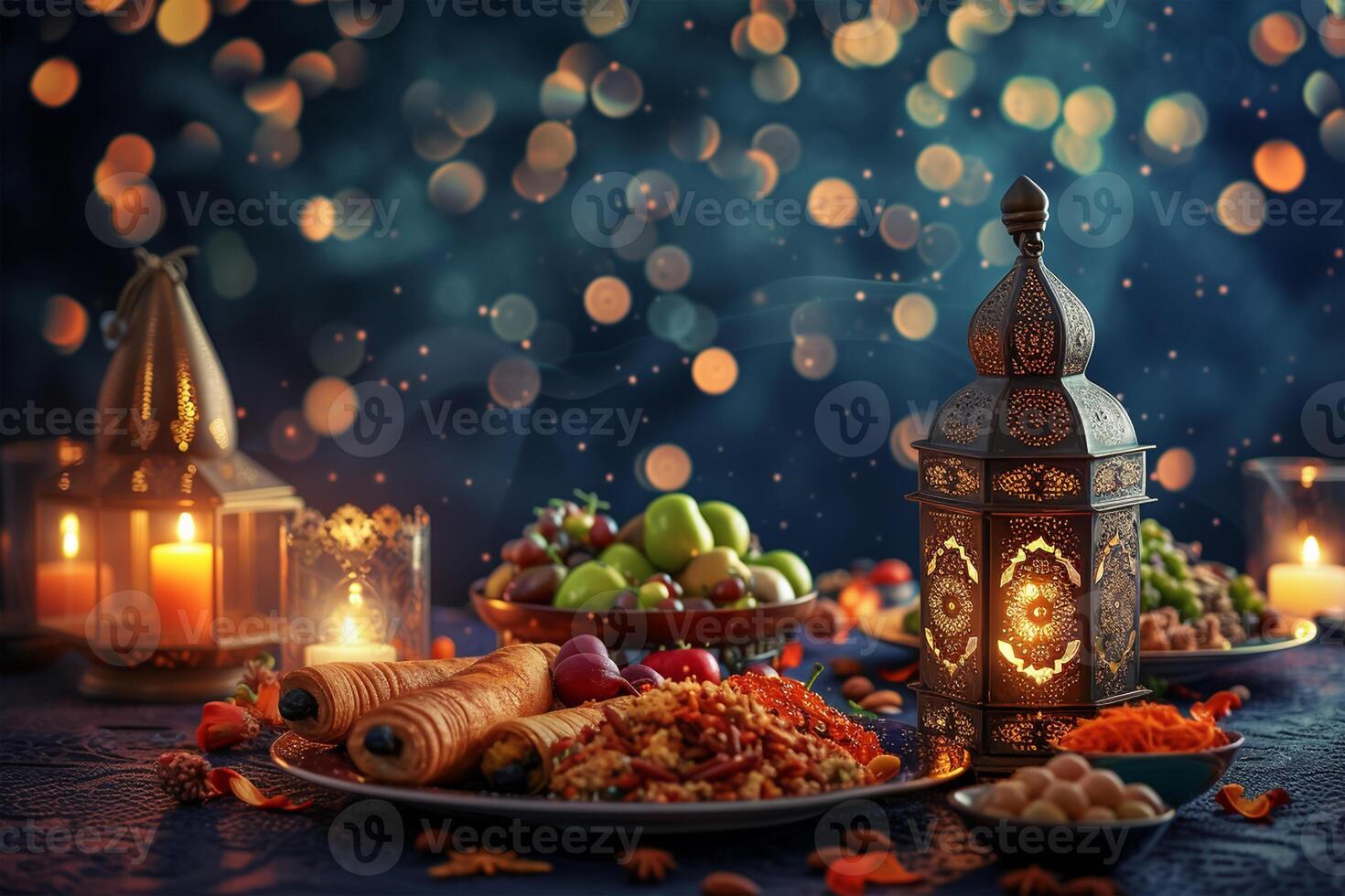 ai genererad muslim ramadan mubarak iftar tabell visar ramadan livsmedel och lykta ljus med helig månad eid mubarak begrepp bakgrund foto