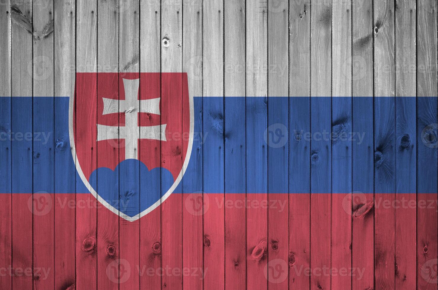 slovakia flagga avbildad i ljus måla färger på gammal trä- vägg. texturerad baner på grov bakgrund foto