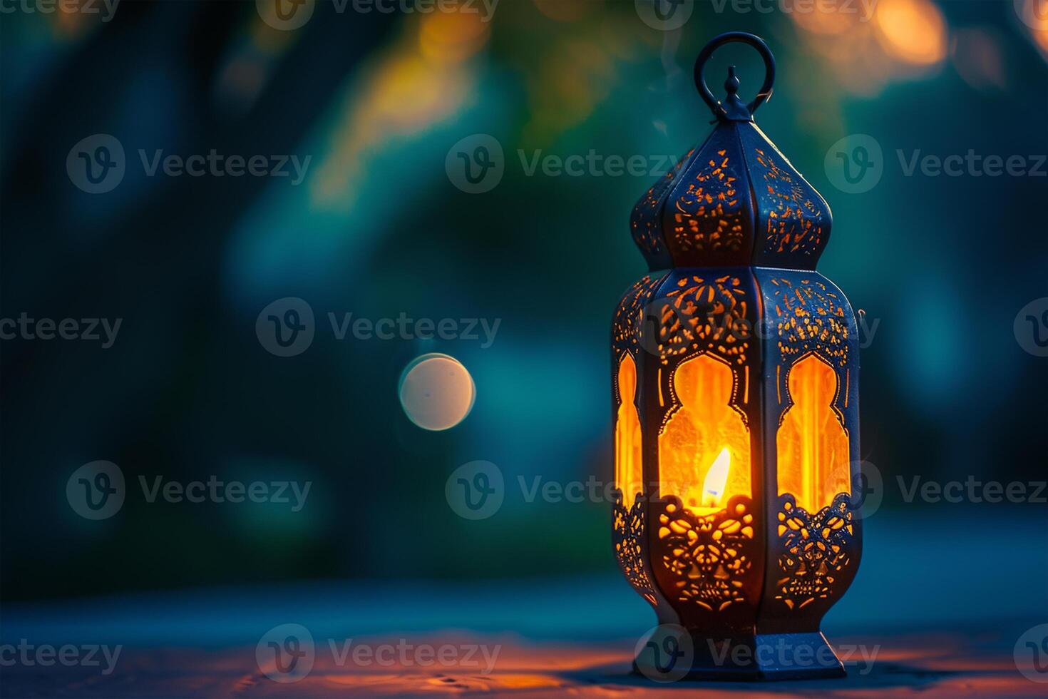 ai genererad muslim helig månad ramadan kareem - dekorativ arabicum lykta med brinnande ljus foto