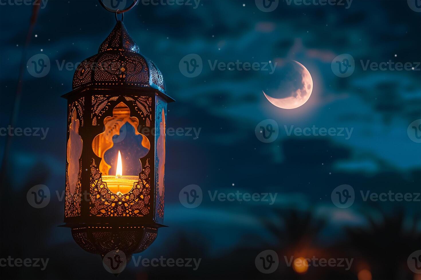 ai genererad islamic lykta med brinnande ljus och natt himmel med minskar crecent måne foto