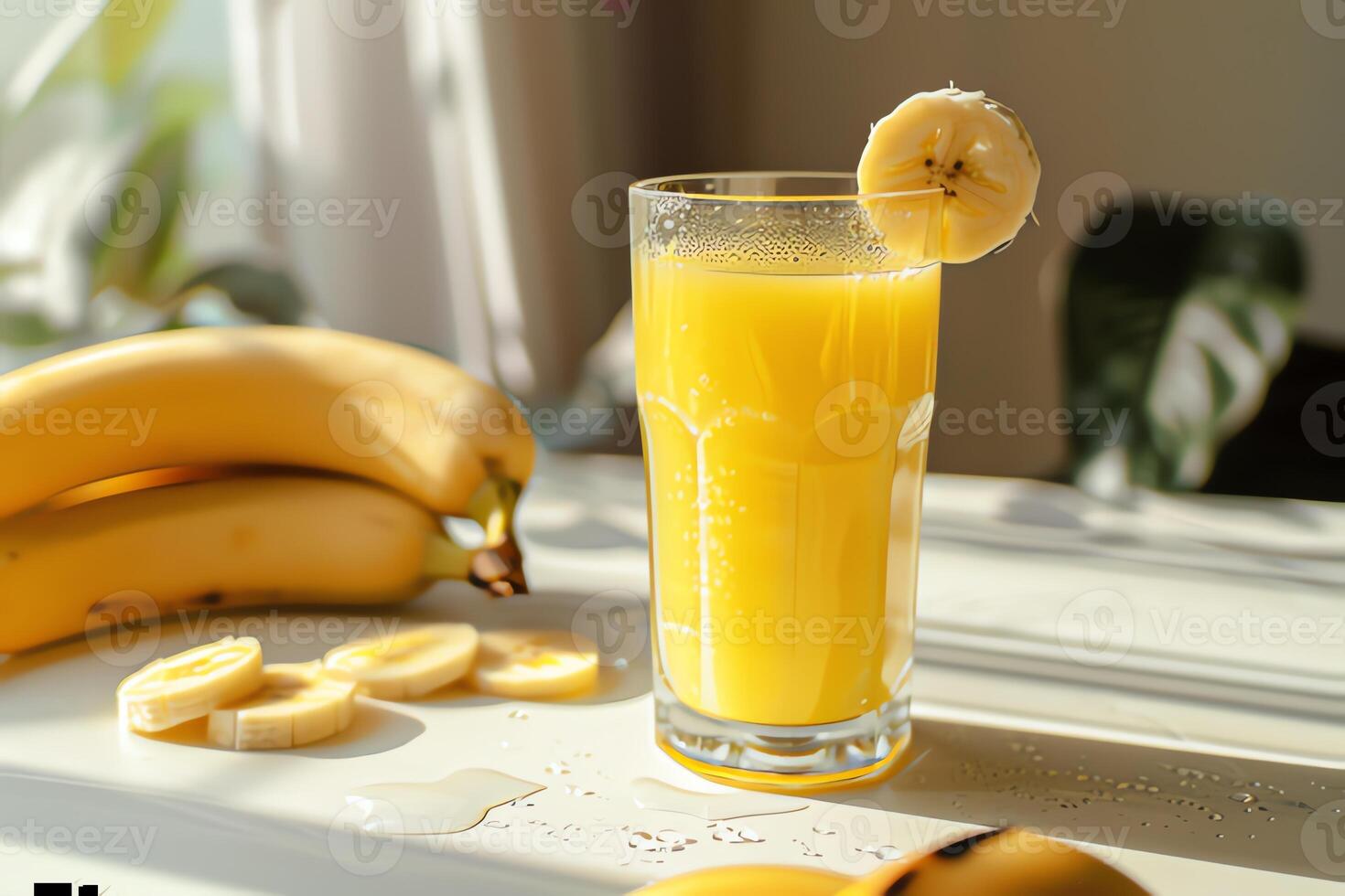 ai genererad glas av banan juice är på de tabell foto