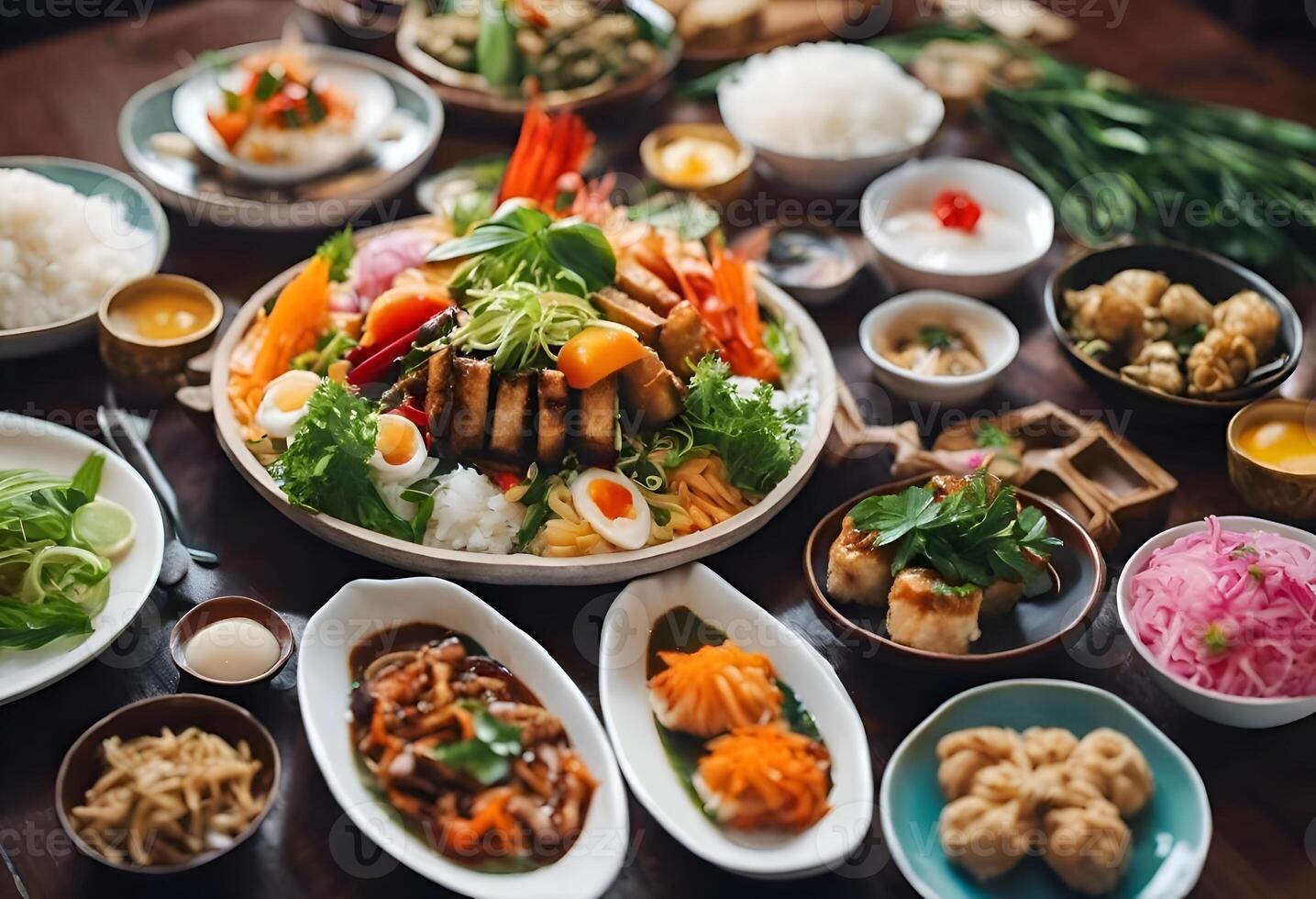 ai genererad hög vinkel utsökt asiatisk mat med örter topp se av en färgrik sortiment av mat vackert anordnad på en tabell. de rik smaker och vibrerande . foto