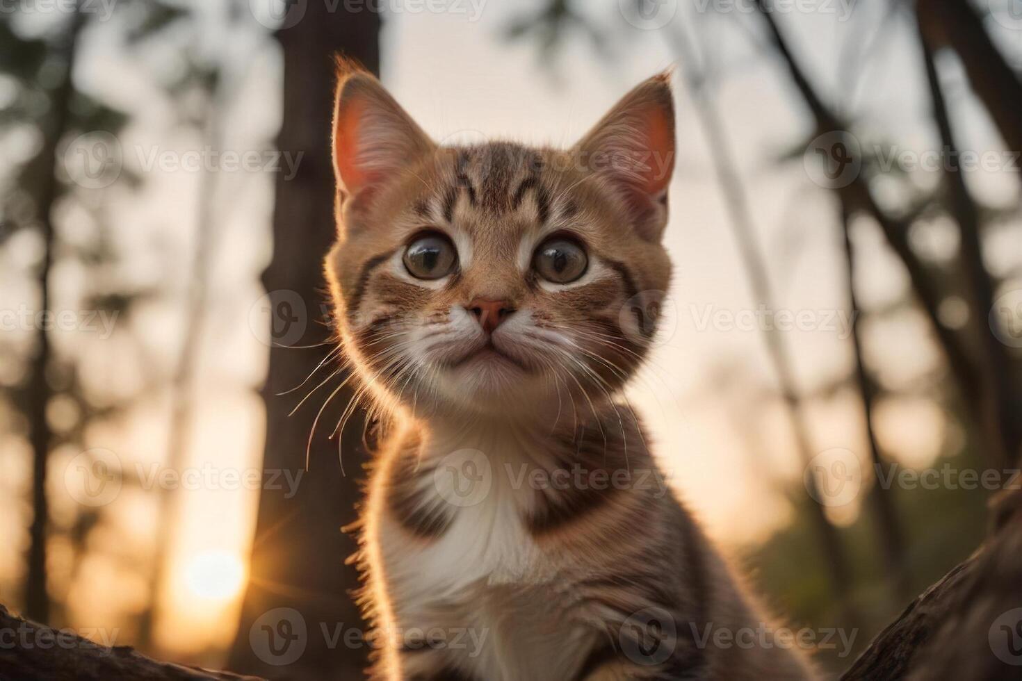 ai genererad filmiska humör gyllene timme solnedgång och förtjusande kattunge porträtt genererad förbi ai foto