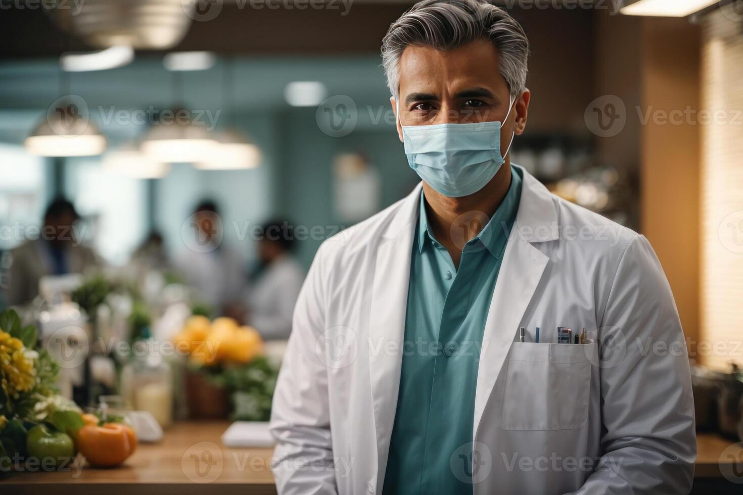 ai genererad, manlig läkare stående på disken bär en mask foto