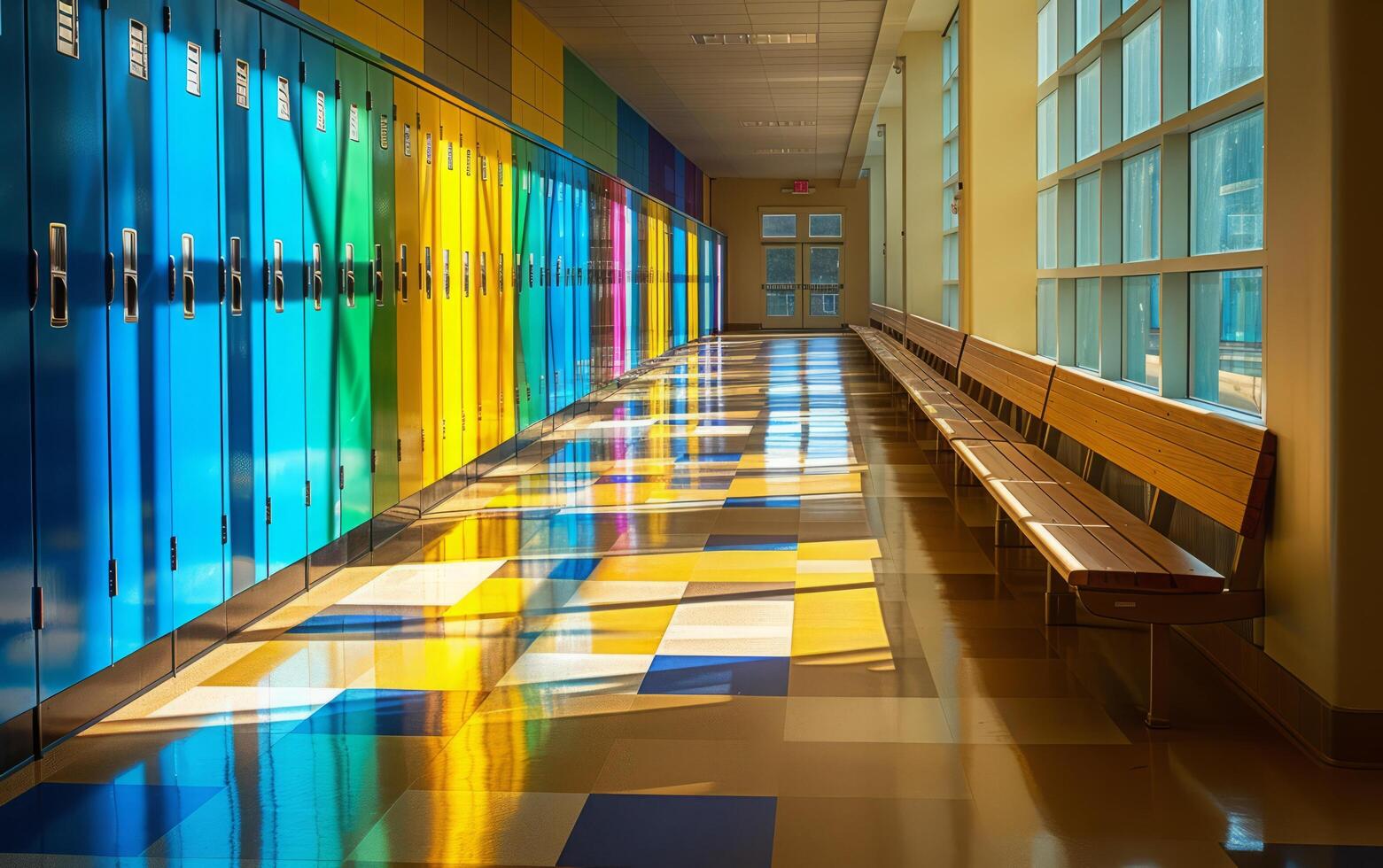 ai genererad lång skola korridor med skåp foto