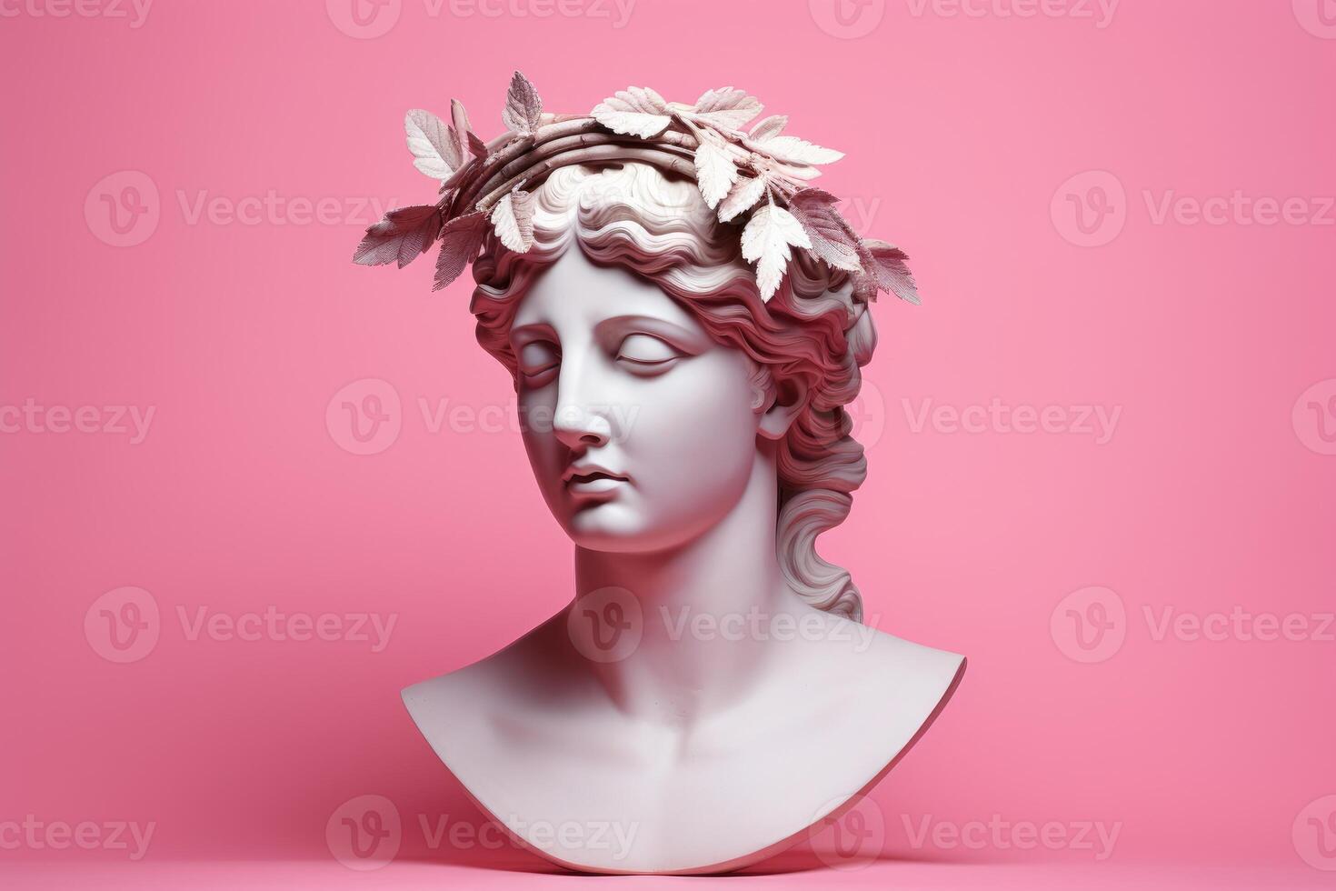 ai genererad grekisk gammal skulptur av kvinna huvud med rosa pastell bakgrund. antik staty av kvinna gudinna med blommig krans på huvud. minimalistisk modern trendig y2k stil foto