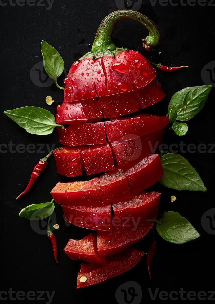 ai genererad skivad röd chili paprikor och basilika löv på svart bakgrund foto
