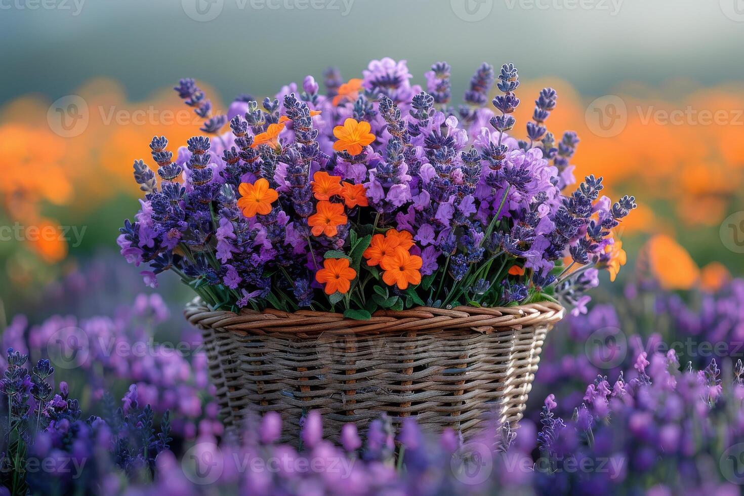 ai genererad korg med lavendel- och orange blommor på de fält foto
