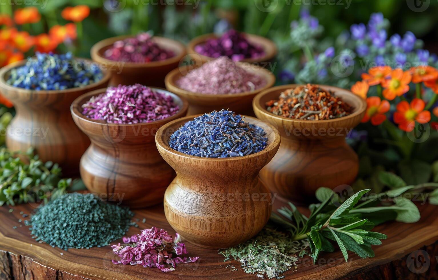 ai genererad torkades örter och blommor i trä- murbruk och mortelstöt foto