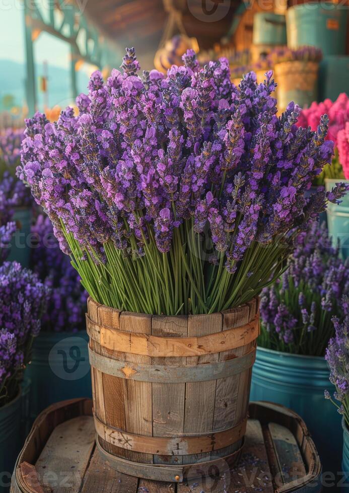 ai genererad lavendel- blommor i trä- korg foto