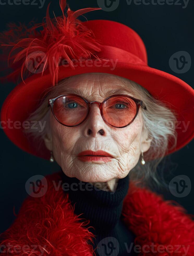 ai genererad eleganta gammal kvinna i röd hatt och glasögon foto