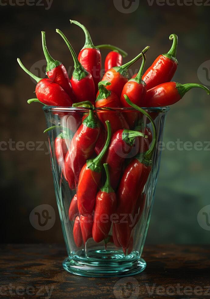 ai genererad röd varm chili paprikor i glas vas foto