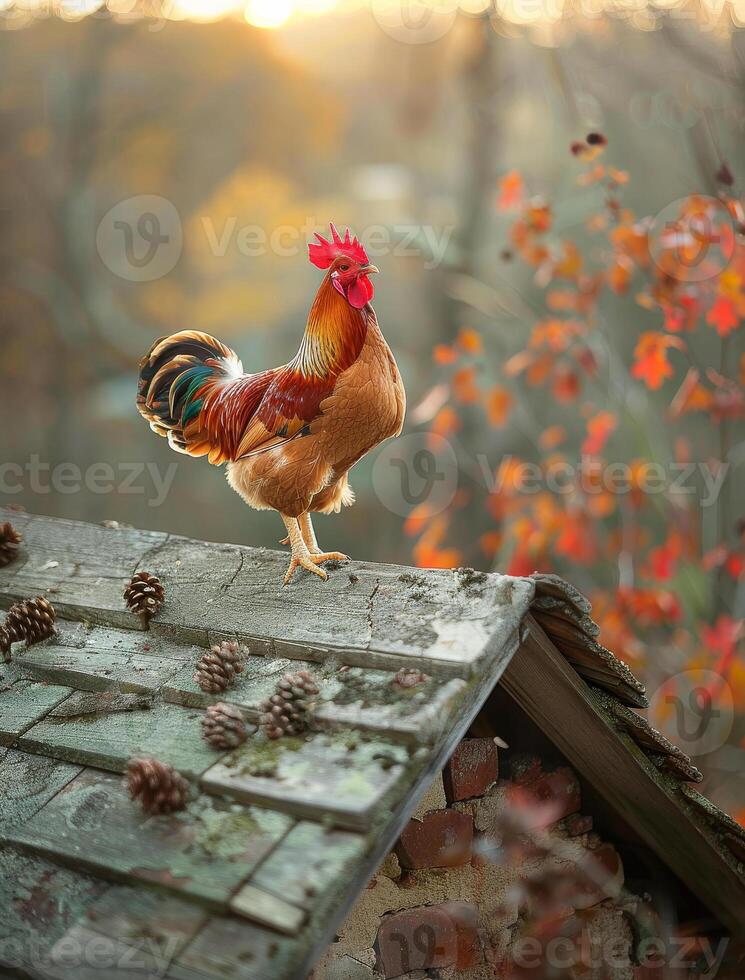 ai genererad tupp stående på de tak i de morgon- foto