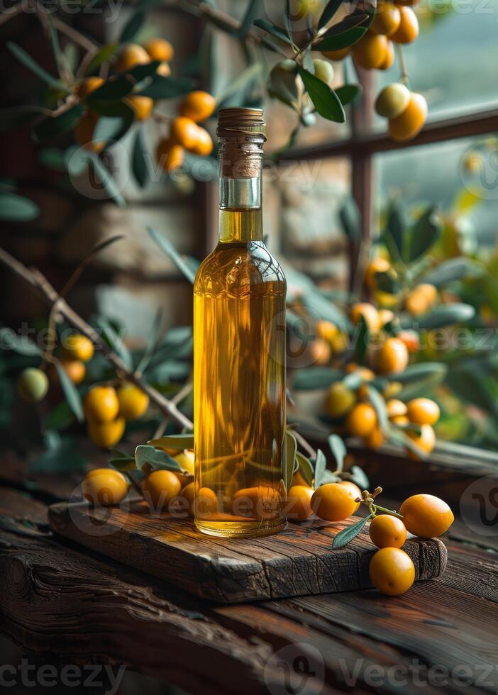 ai genererad flaska av oliv olja med färsk grön oliver på trä- tabell i främre av fönster foto