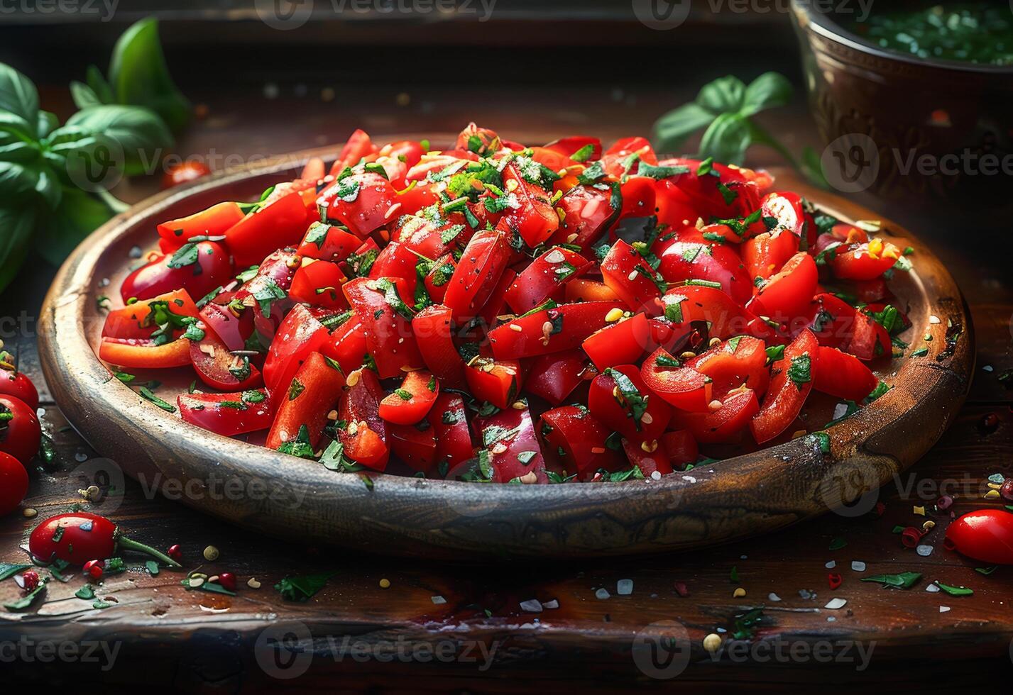 ai genererad färsk tomat sallad med basilika och oliv olja på trä- tabell foto