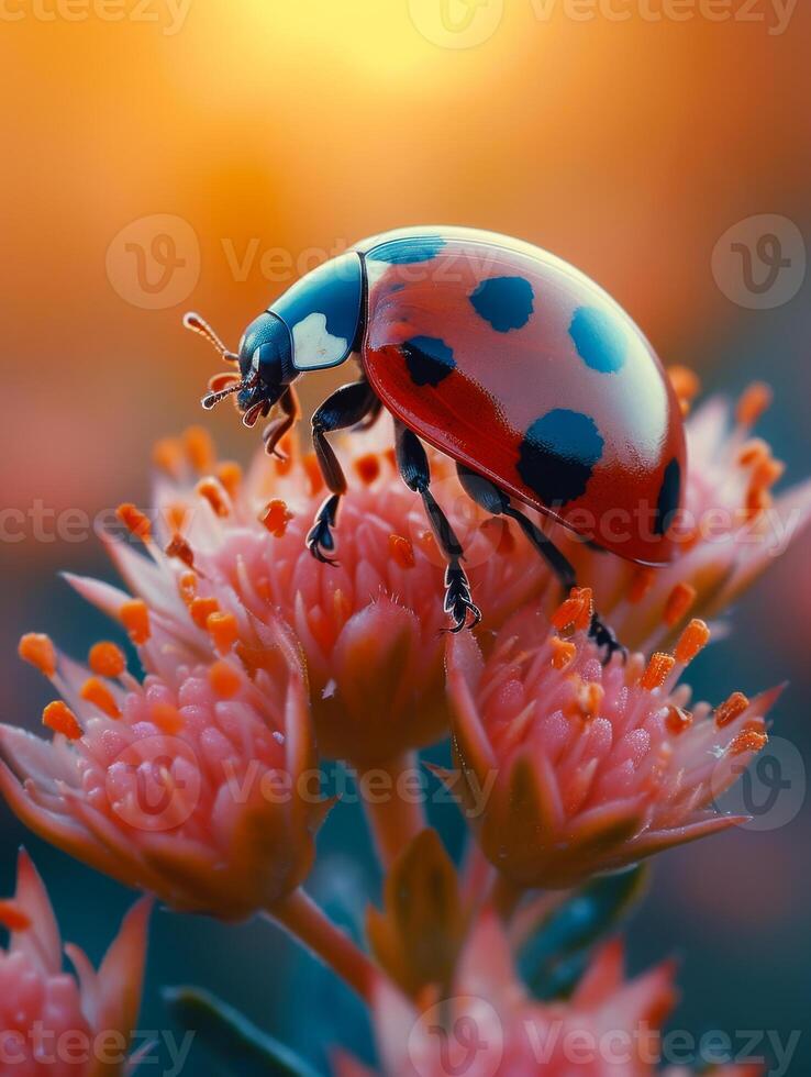 ai genererad nyckelpiga på blomma i de solljus foto