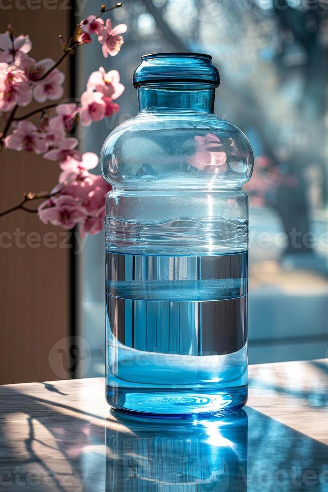 ai genererad stor flaska av vatten står på tabell i de Sol foto