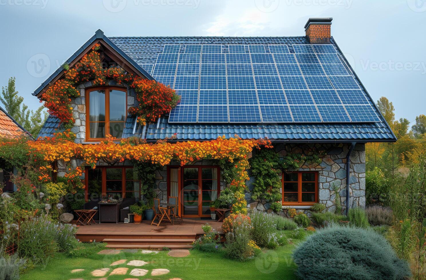 ai genererad hus med sol- paneler på de tak täckt med murgröna och blommor foto