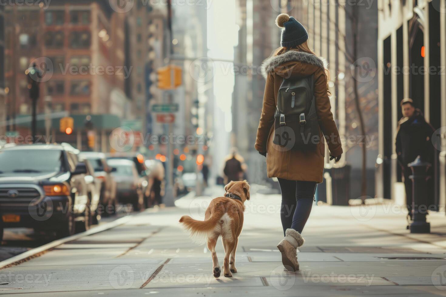 ai genererad kvinna i en modern kläder gående gående henne hund i de urban exteriör. generativ ai foto