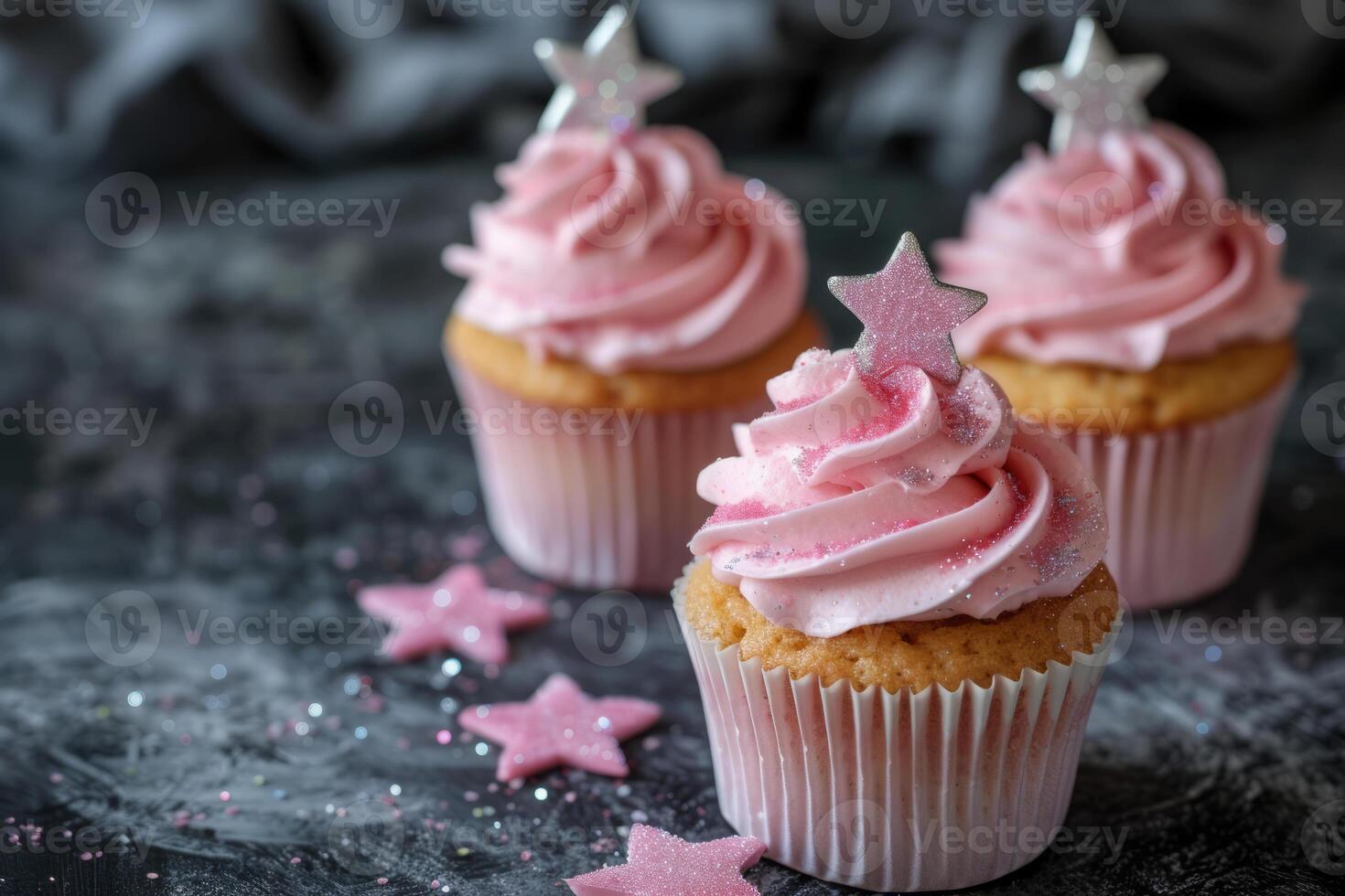 ai genererad söt prinsessa tema muffins för en liten flicka dekorerad med socker stjärnor. generativ ai foto