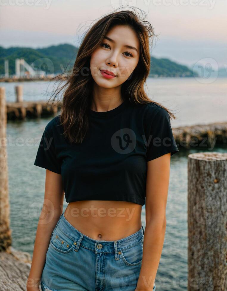 ai genererad Foto av skön asiatisk kvinna i svart topp och jeans i fiske by, generativ ai