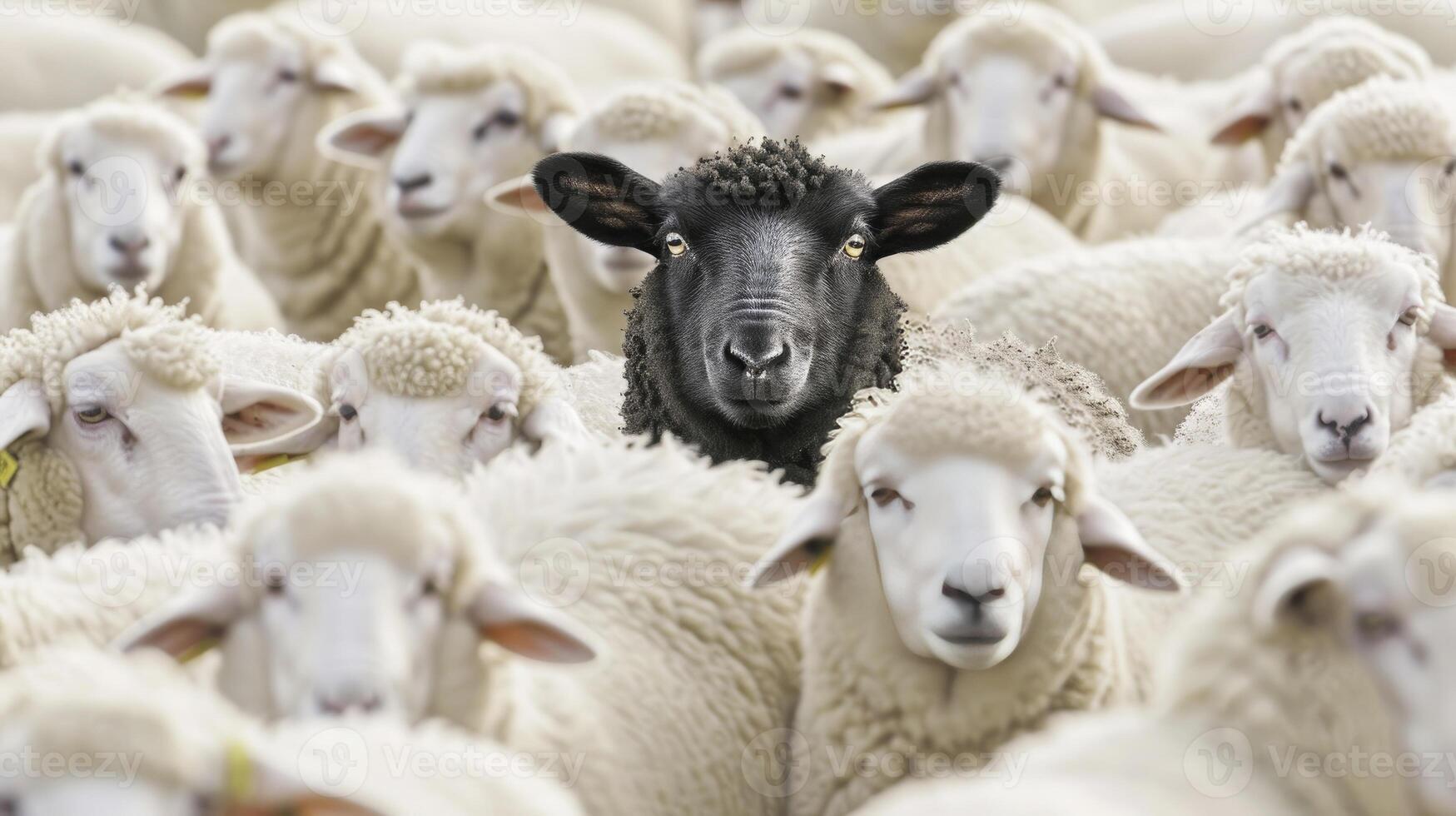 ai genererad stående ut. en flock av vit får med ett djärv svart får i de Centrum, symboliserar individualitet och unikhet. foto