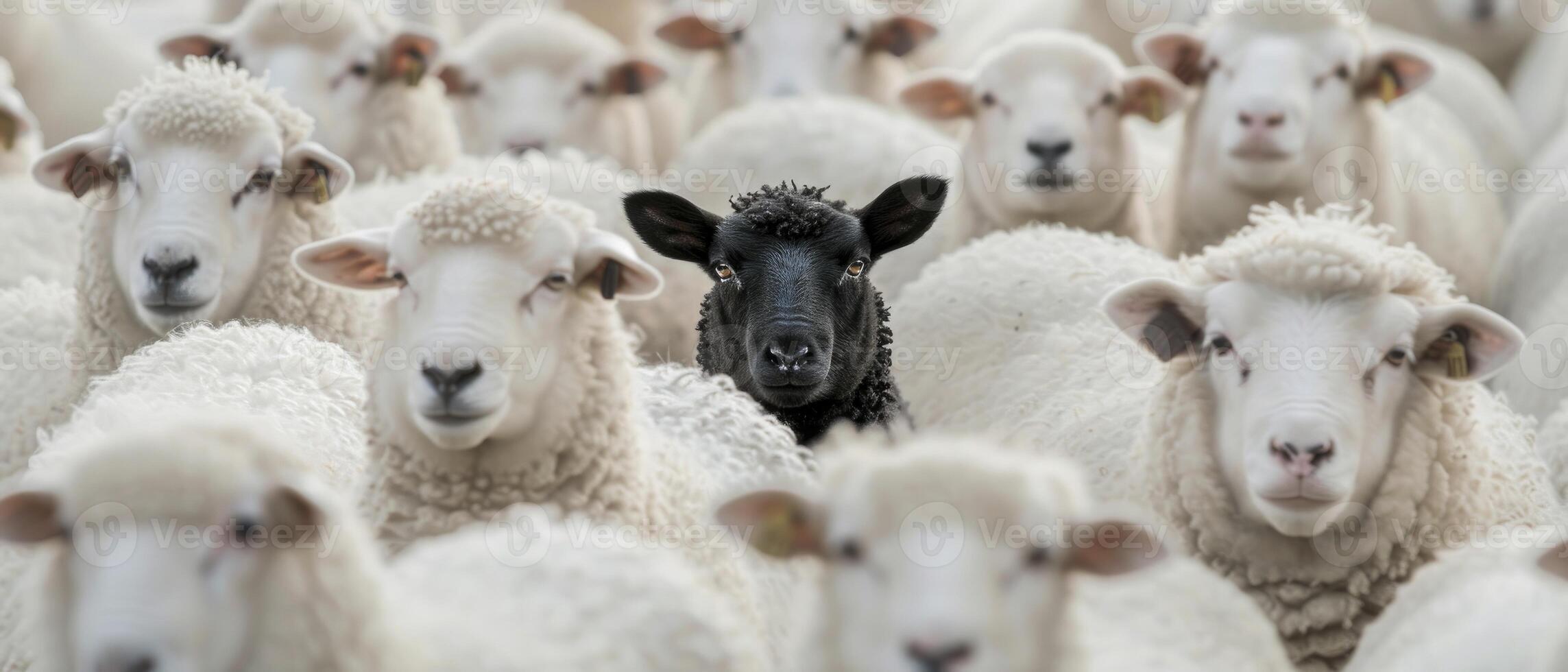 ai genererad stående ut. en flock av vit får med ett djärv svart får i de Centrum, symboliserar individualitet och unikhet. foto