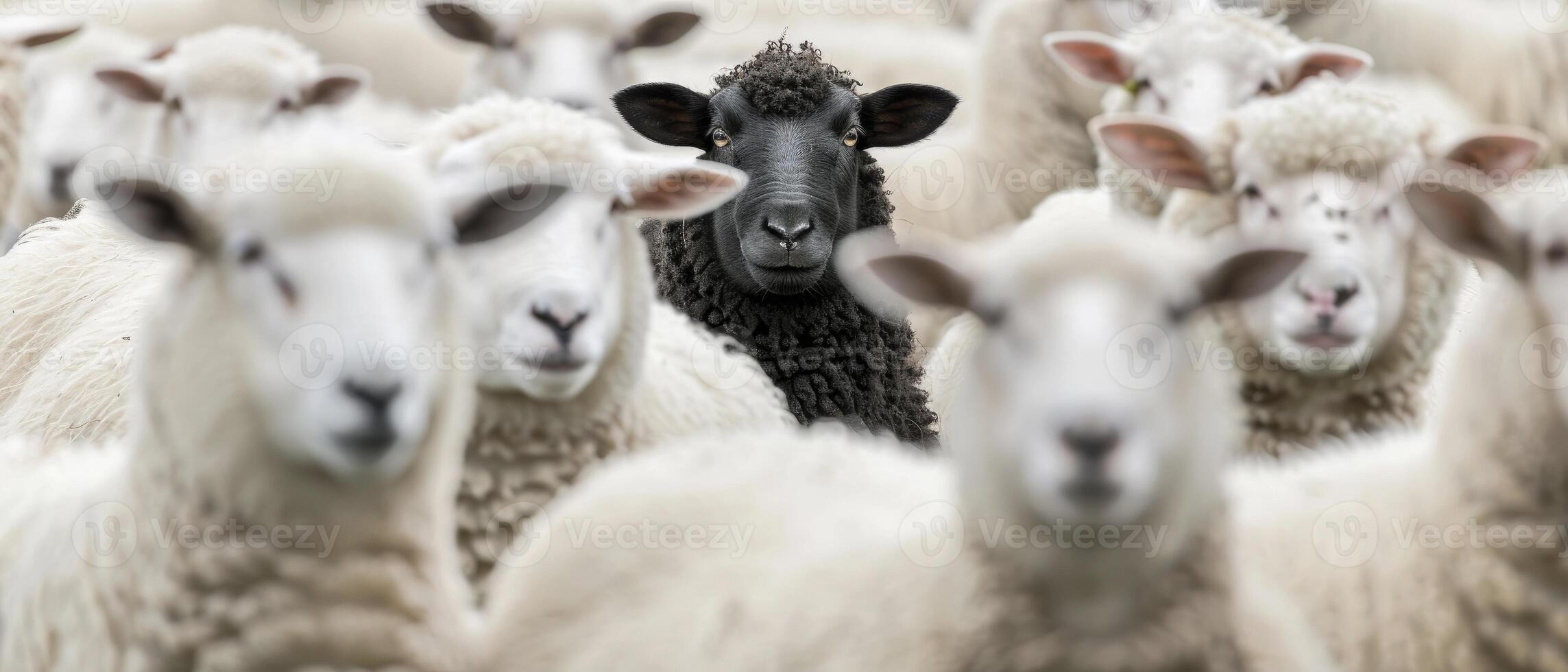 ai genererad stående ut. en flock av vit får med ett djärv svart får i de Centrum, symboliserar individualitet och unikhet. foto