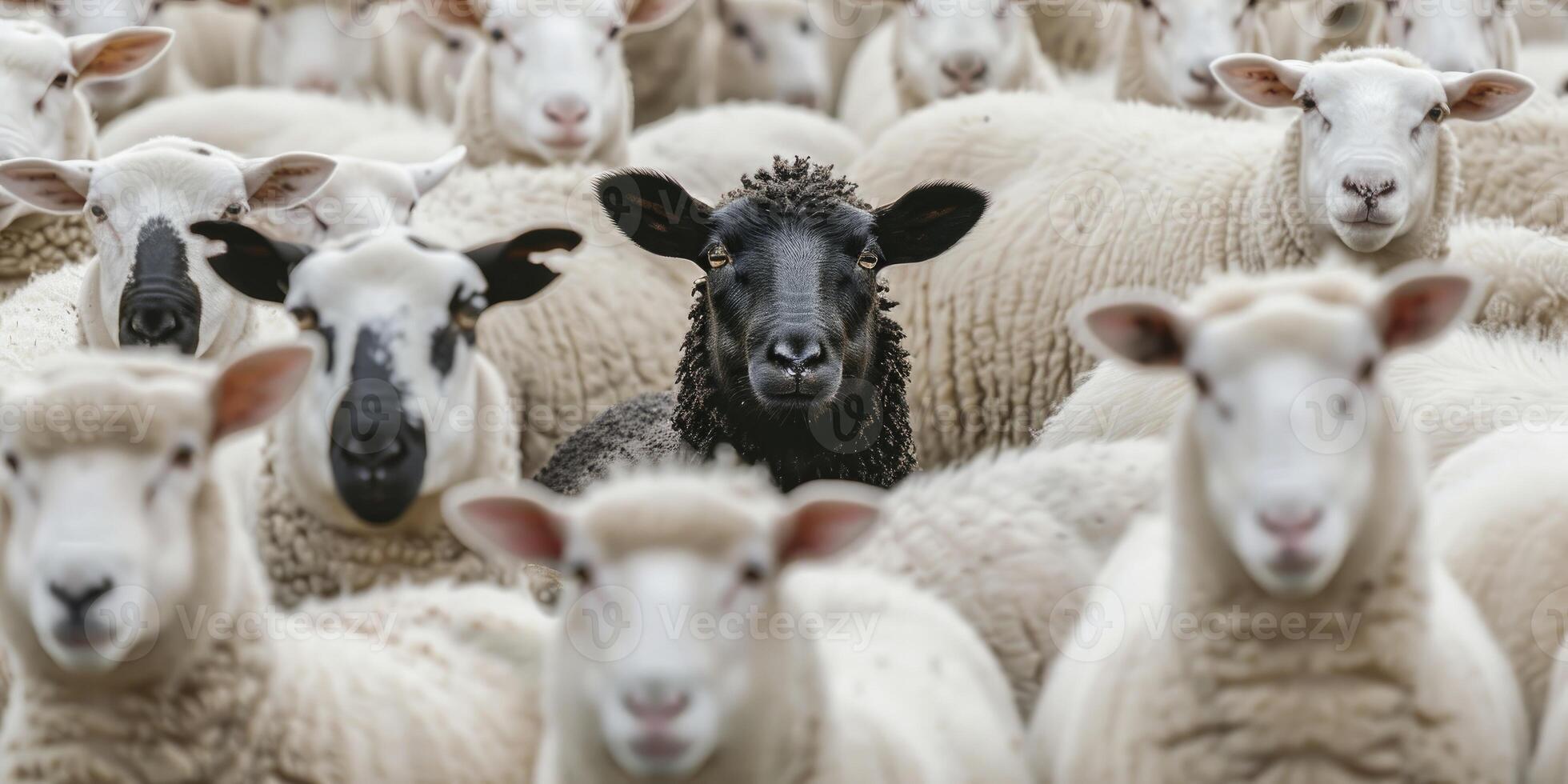 ai genererad stående ut. en flock av vit får med ett djärv svart får i de Centrum, symboliserar individualitet och unikhet. foto