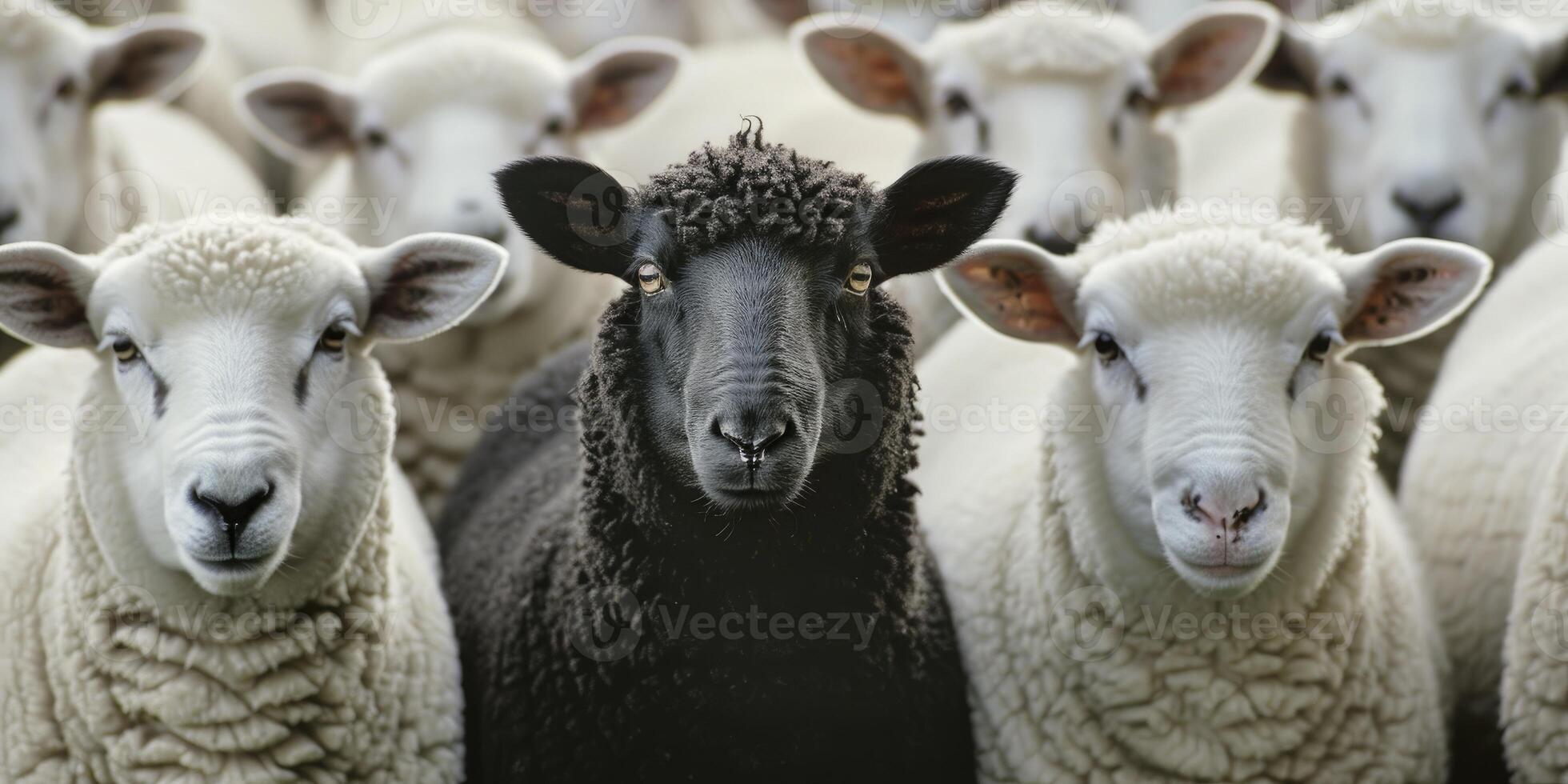 ai genererad stående ut. en flock av vit får med ett djärv svart får i de Centrum, symboliserar individualitet och unikhet. foto