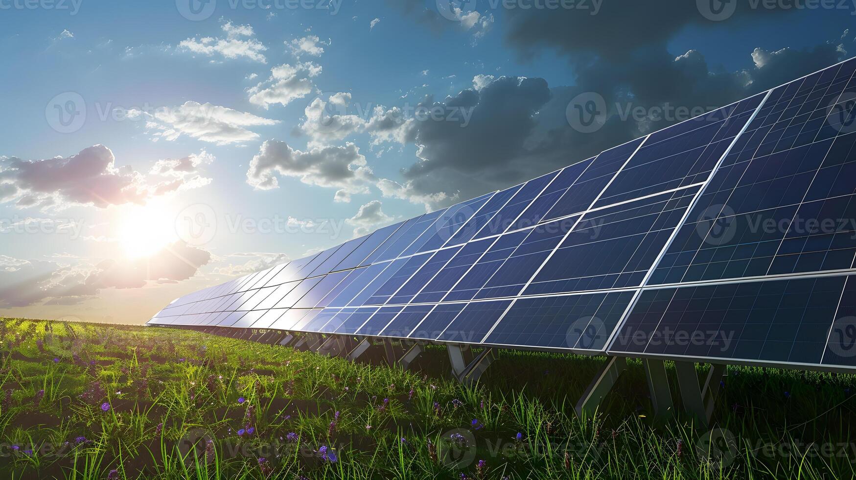 ai genererad fält av sol- paneler och system till producera grön elektricitet. ai genererad foto