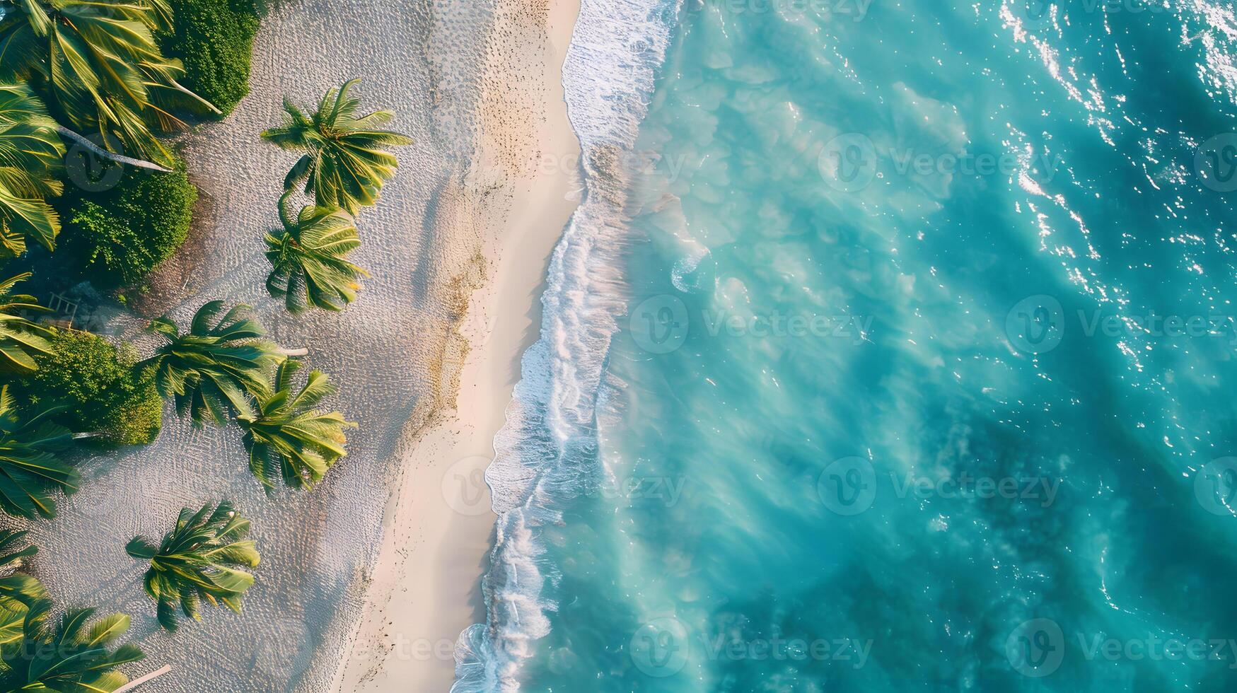 azurblå kust av de hav med handflatan träd, sand, surfa och skal. ai genererad foto