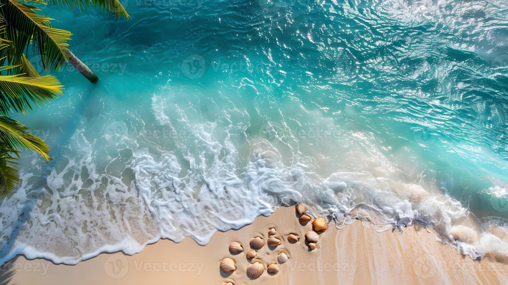azurblå kust av de hav med handflatan träd, sand, surfa och skal. ai genererad foto