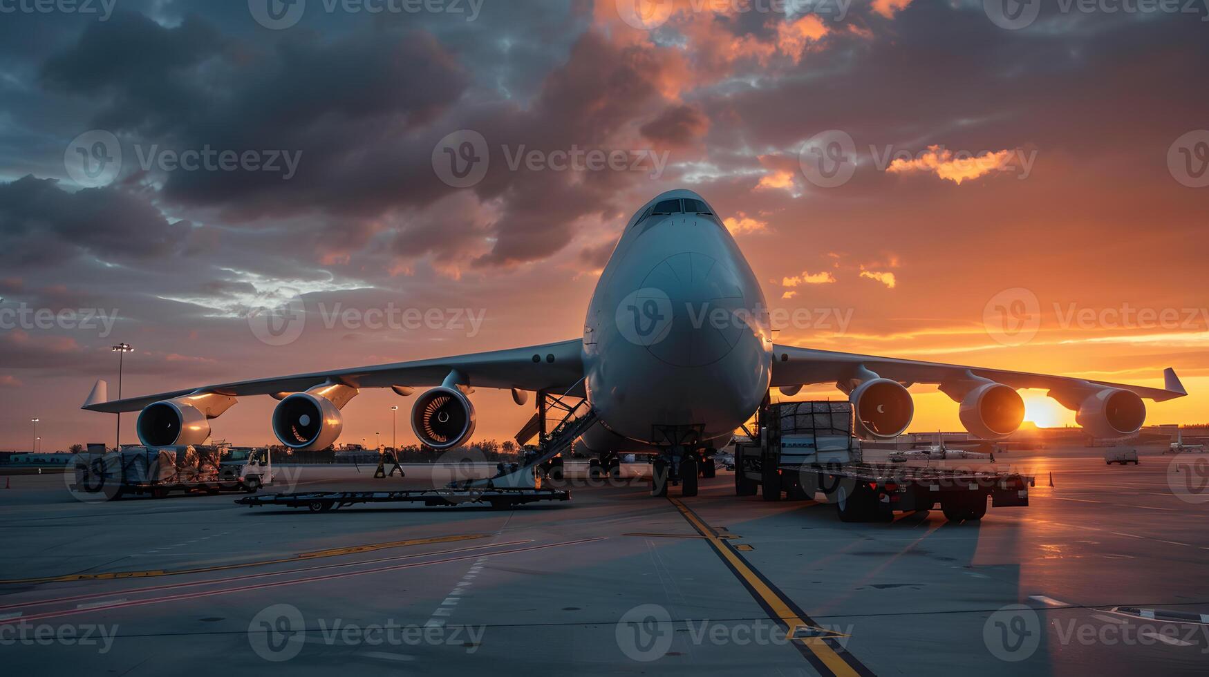 ai genererad en frakt plan på de flygplats bryggor massor eller lossar frakt. ai genererad foto