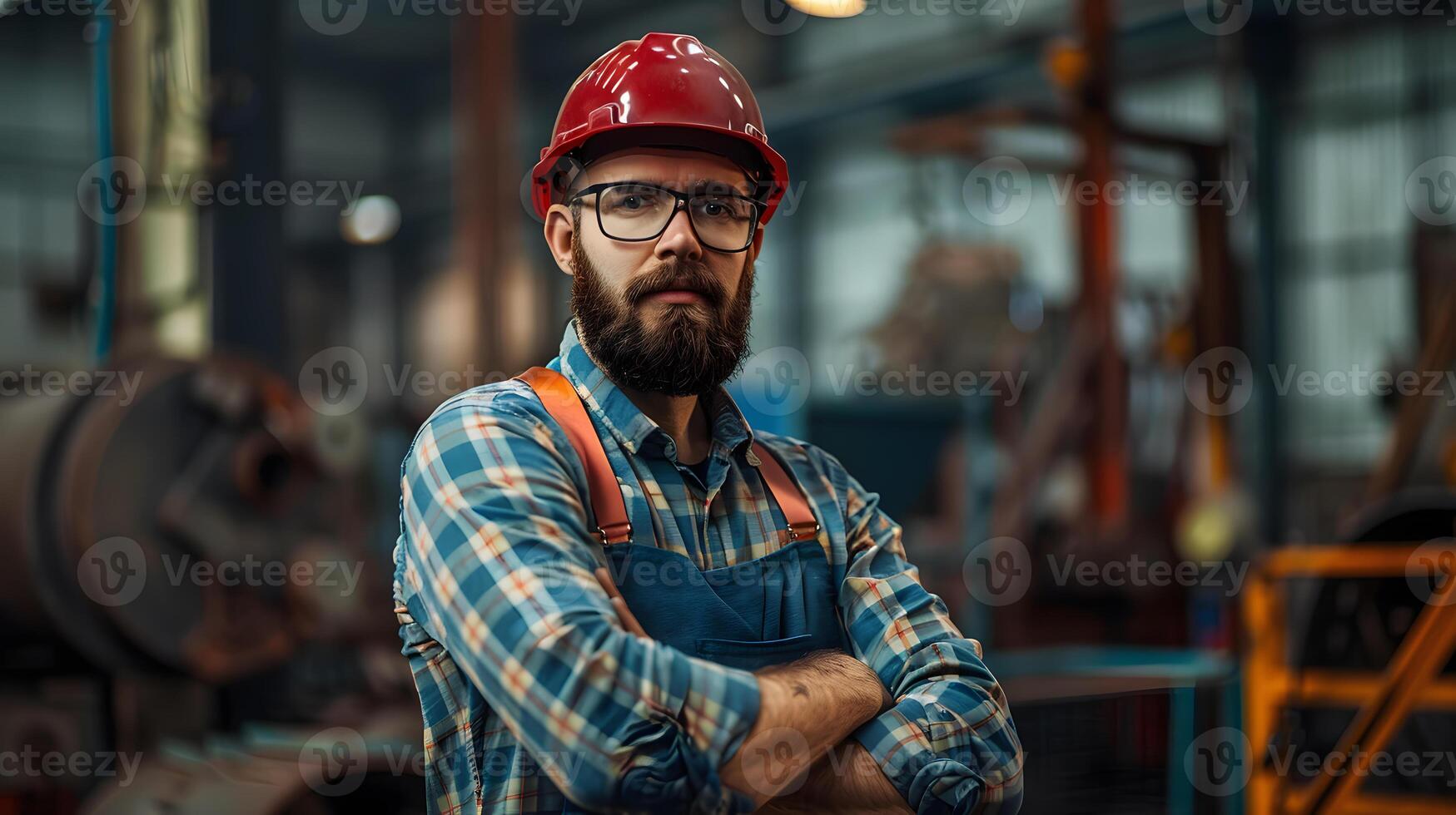 ai genererad porträtt av en arbetssätt man i en enhetlig och en hård hatt. ai genererad foto