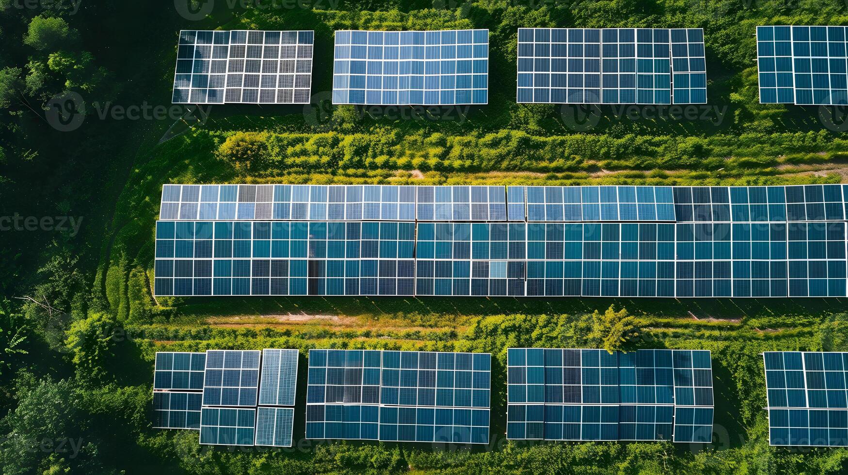 ai genererad fält av sol- paneler och system till producera grön elektricitet. ai genererad foto