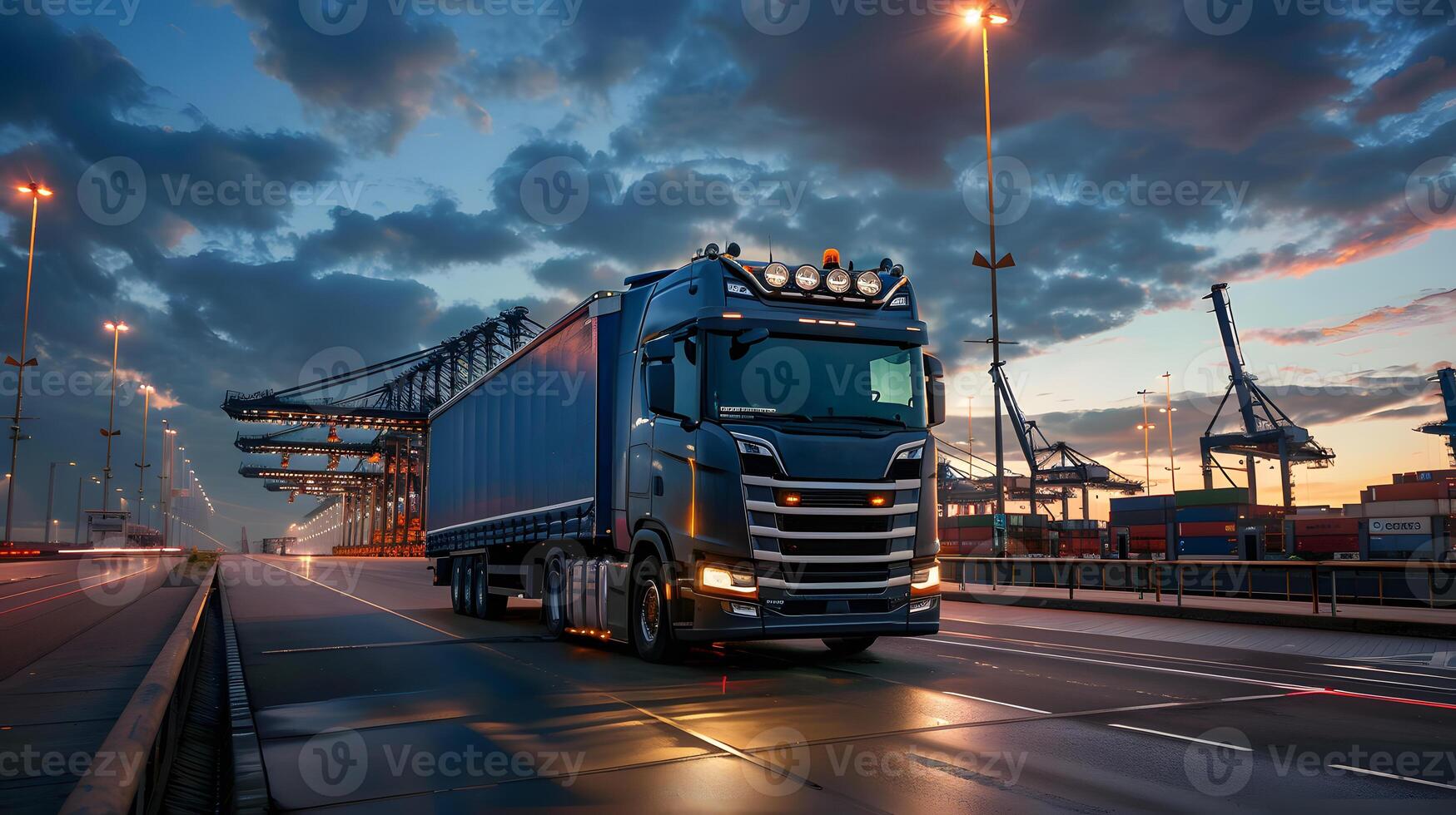 ai genererad lastbil trailer på de pir i de frakt hamn terminal med kranar och behållare. ai genererad foto