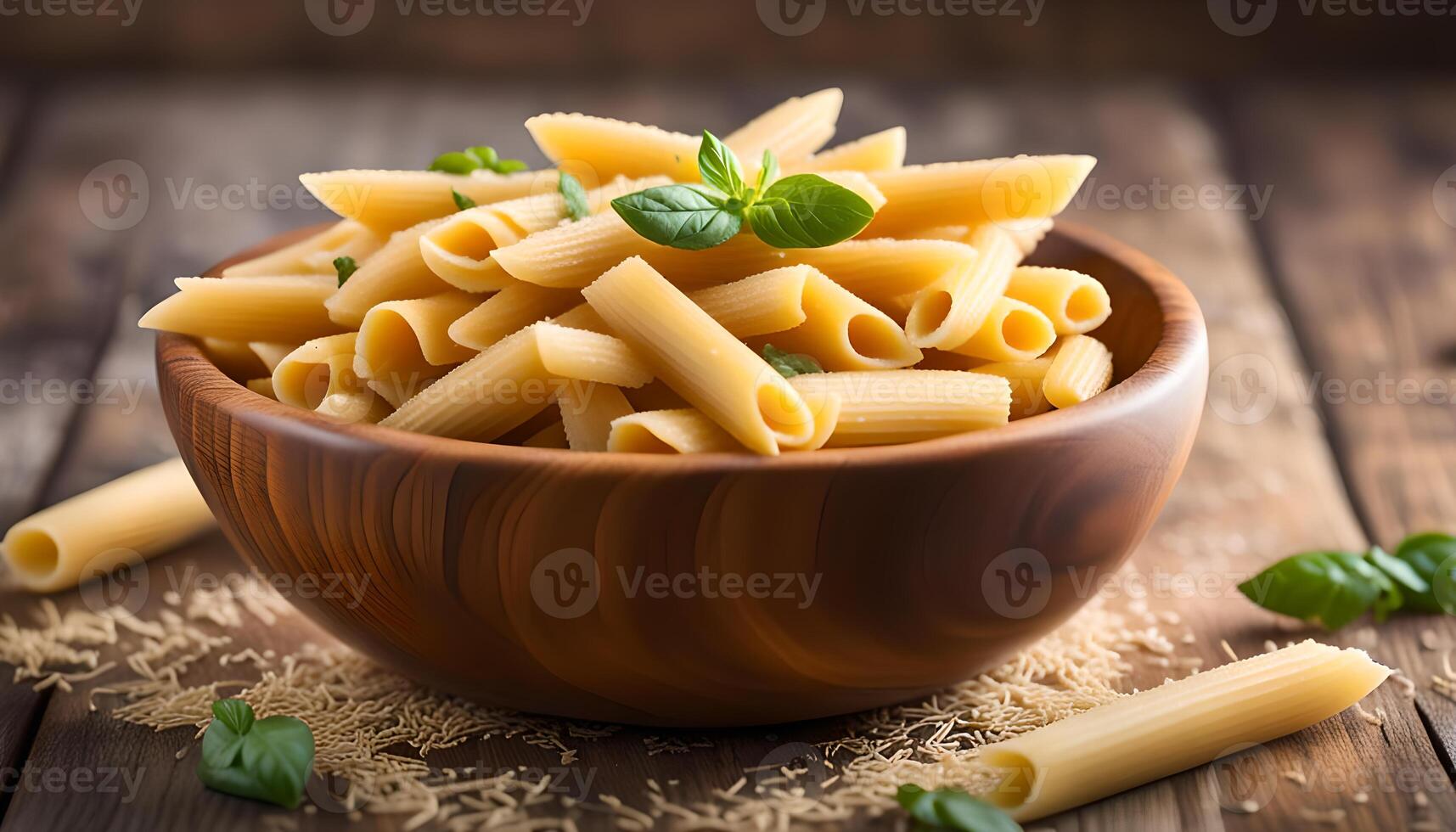 ai genererad rå penne pasta i trä- skål foto