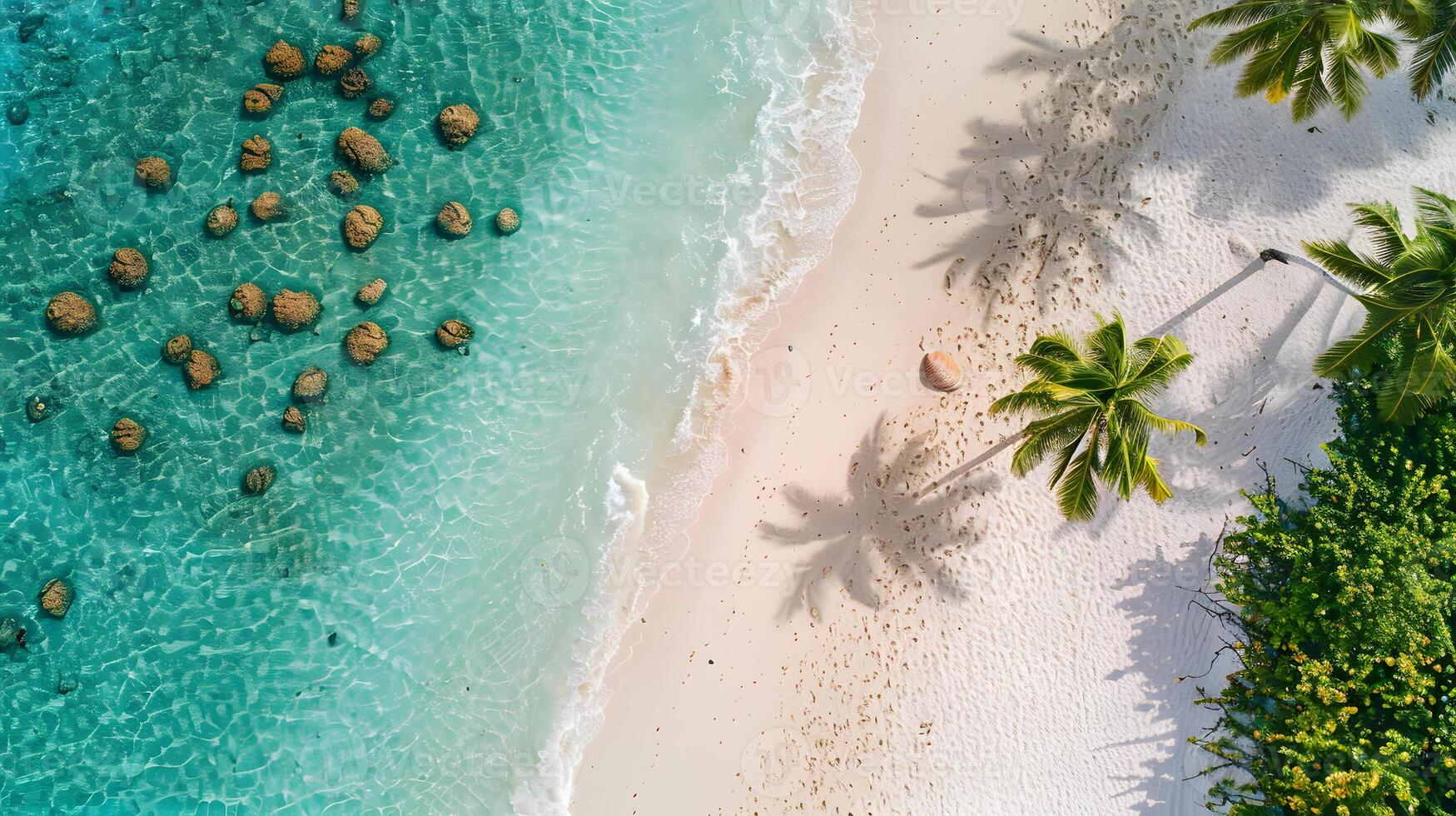 azurblå kust av de hav med handflatan träd, sand, surfa och skal. ai genererad foto