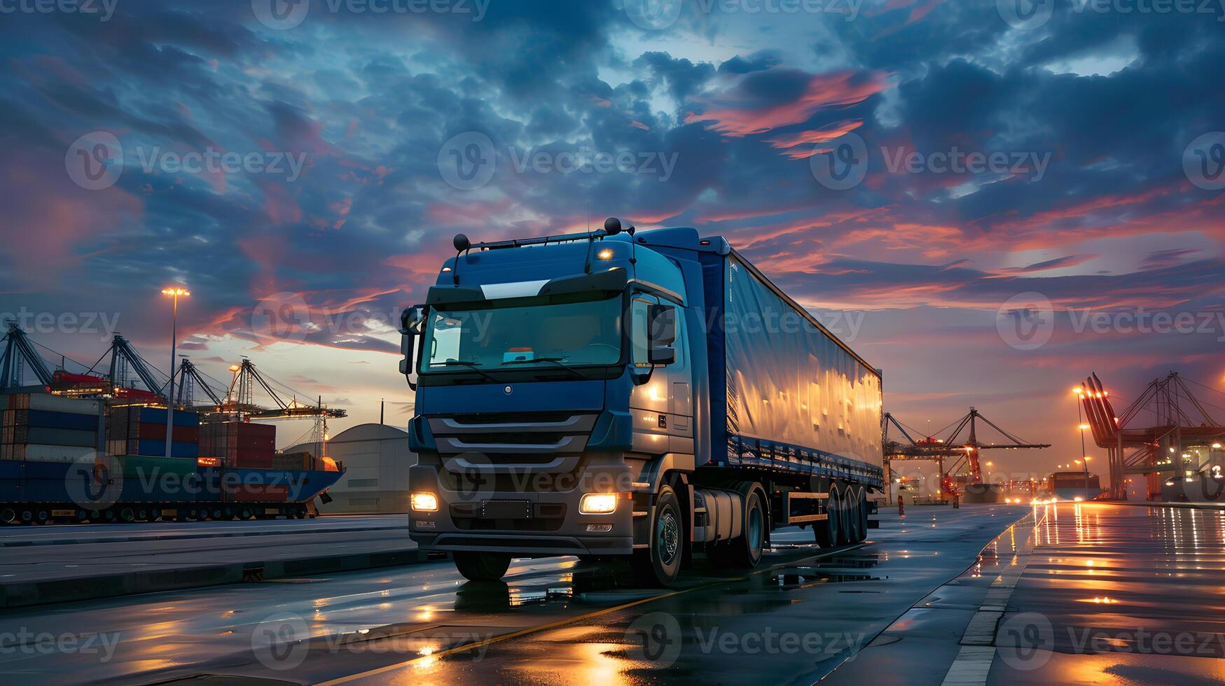 ai genererad lastbil trailer på de pir i de frakt hamn terminal med kranar och behållare. ai genererad foto