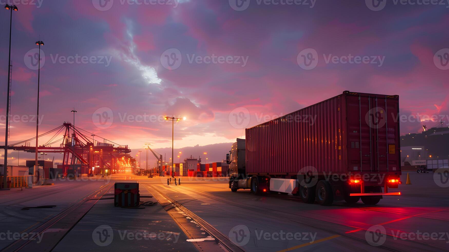 ai genererad lastbil trailer på de pir i de frakt hamn terminal med kranar och behållare. ai genererad foto