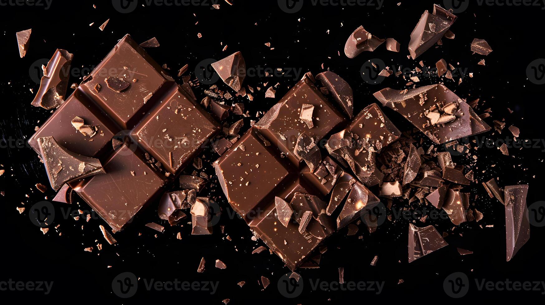 ai genererad ljuv mörk choklad bar bruten in i bitar. ai genererad foto