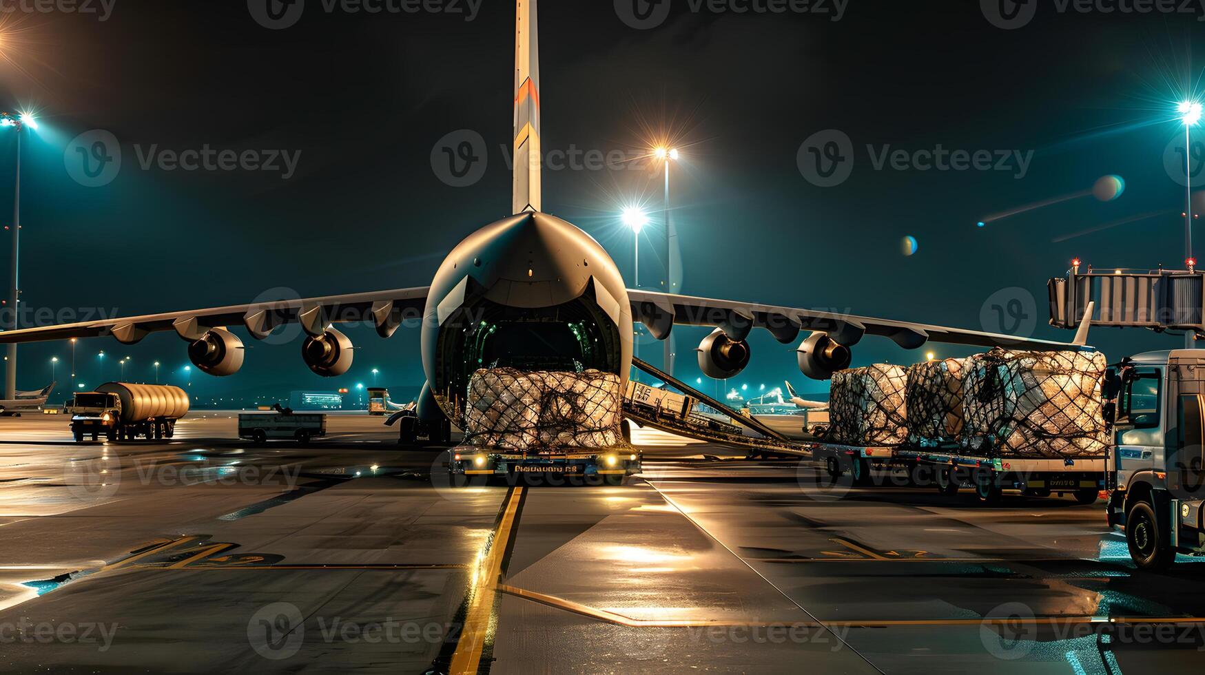 ai genererad en frakt plan på de flygplats bryggor massor eller lossar frakt. ai genererad foto