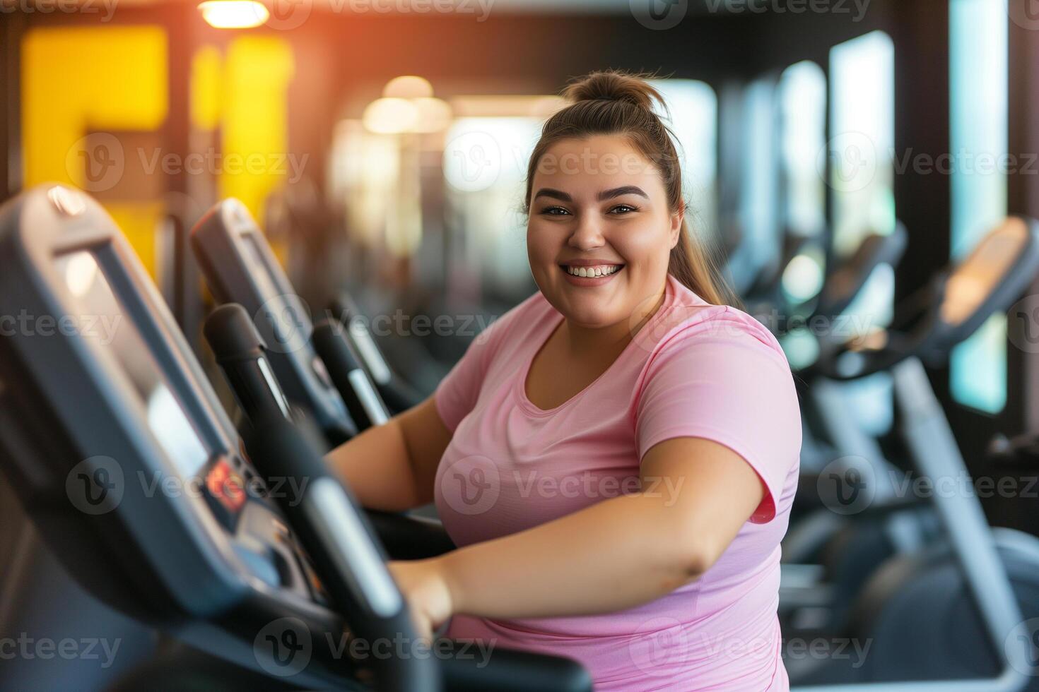 ai genererad fett kvinna löpning på de löpband på de Gym. träning, friska livsstil och vikt förlust begrepp foto