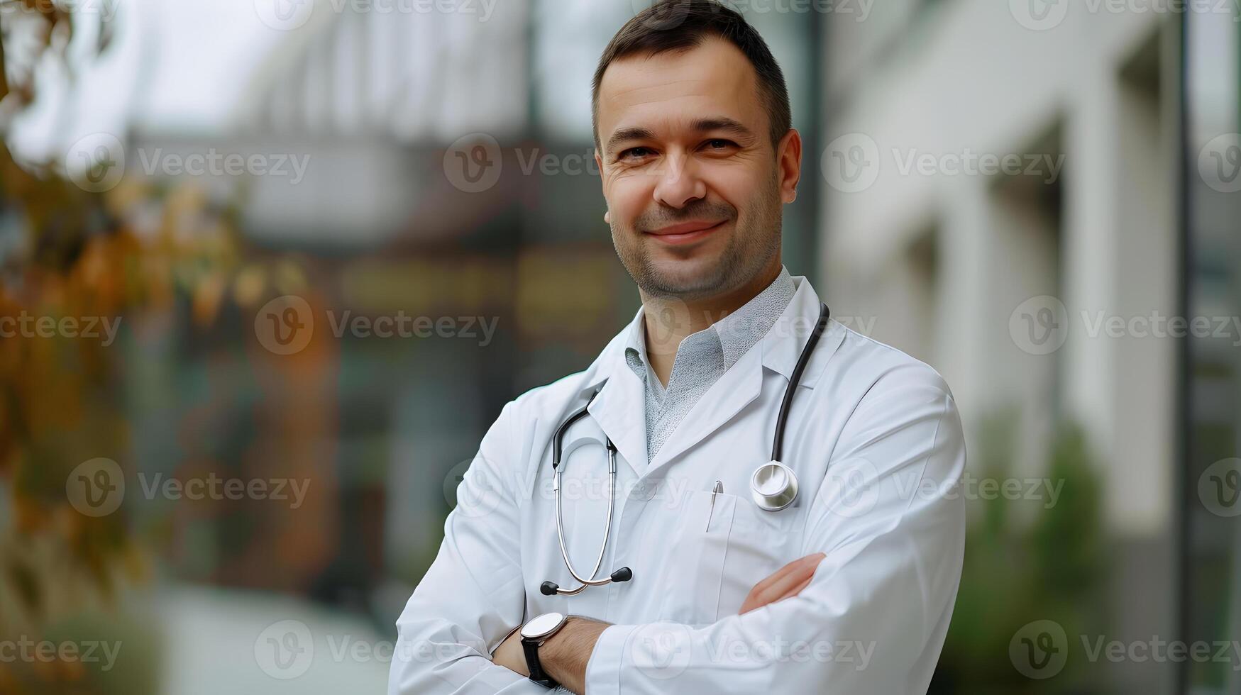 ai genererad porträtt av en manlig medicinsk arbetstagare med en stetoskop. ai genererad foto