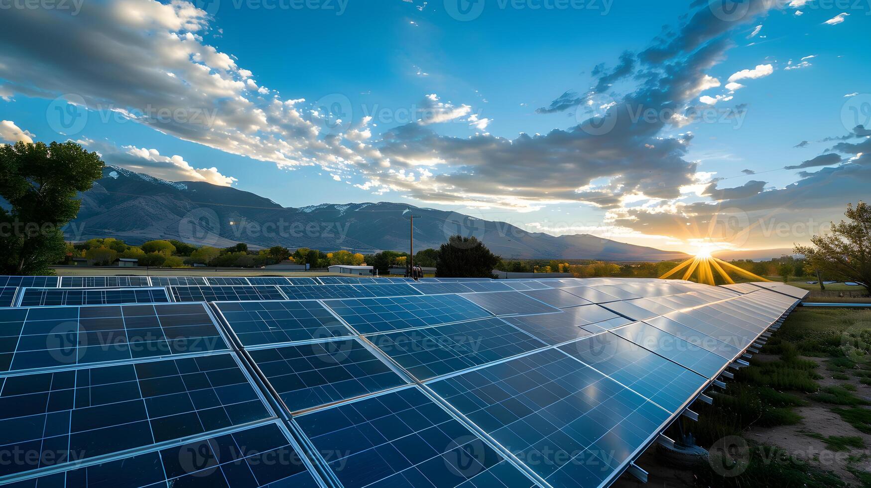 ai genererad fält av sol- paneler och system till producera grön elektricitet. ai genererad foto