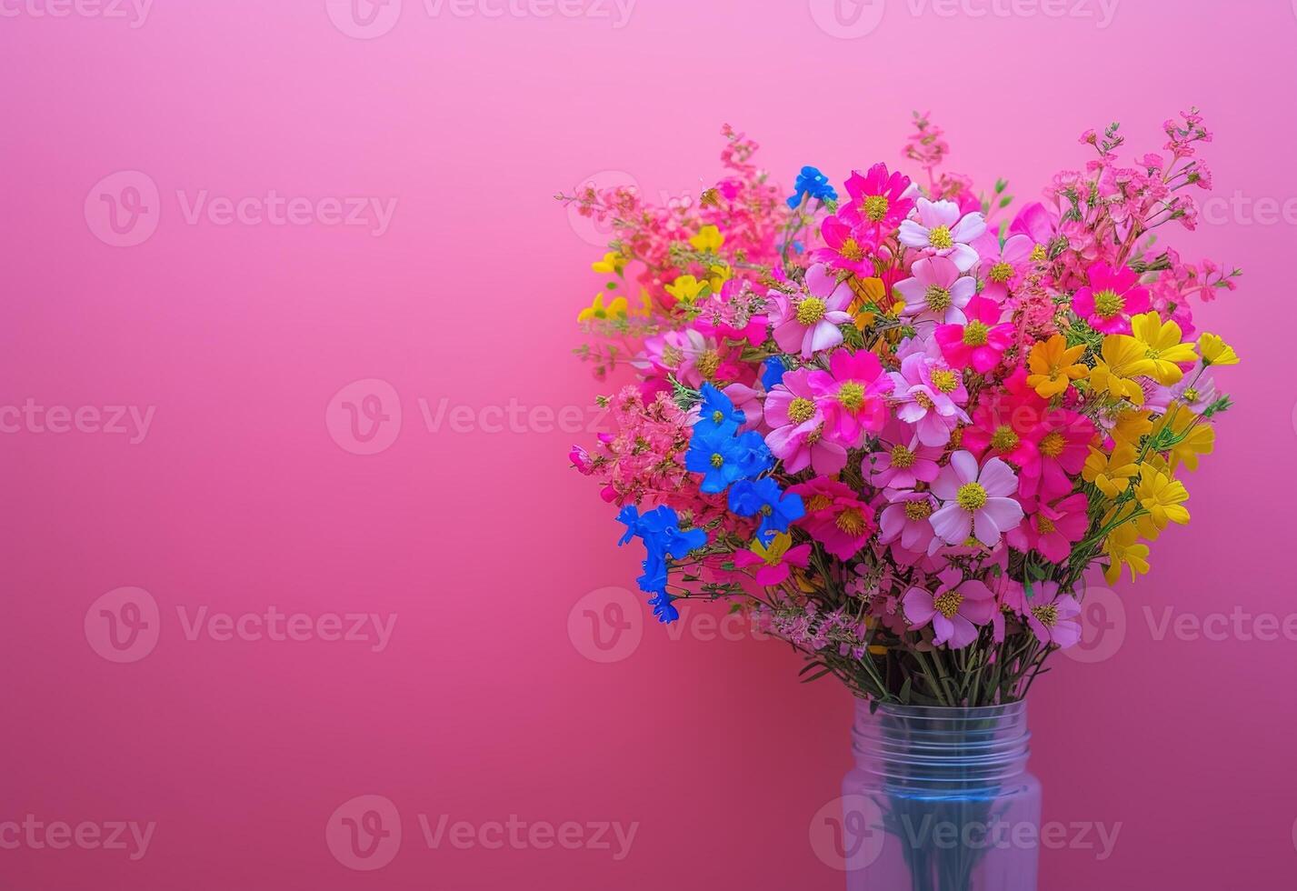 ai genererad elegant bukett av färsk vår blommor i en modern vas på en lutning pastell bakgrund foto