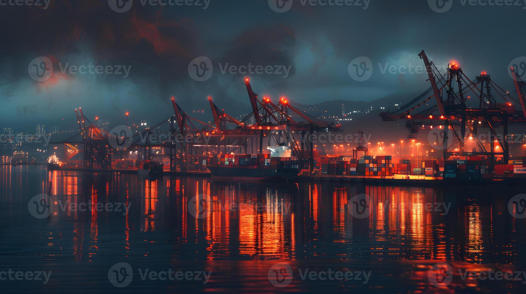 ai genererad en fartyg för transport frakt behållare och också avlastning den på de bryggor av en frakt hamn. ai genererad foto