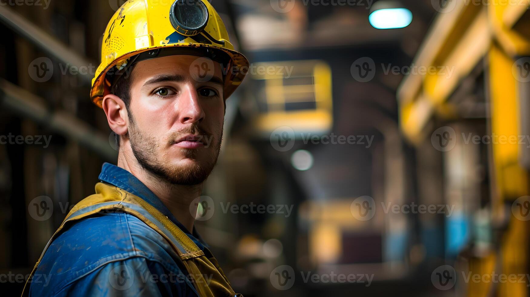 ai genererad porträtt av en arbetssätt man i en enhetlig och en hård hatt. ai genererad foto